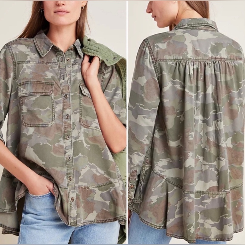 Anthropologie Womens Camo Flounced Hem Relaxed Fit Blouse Granola Girl Camping 6